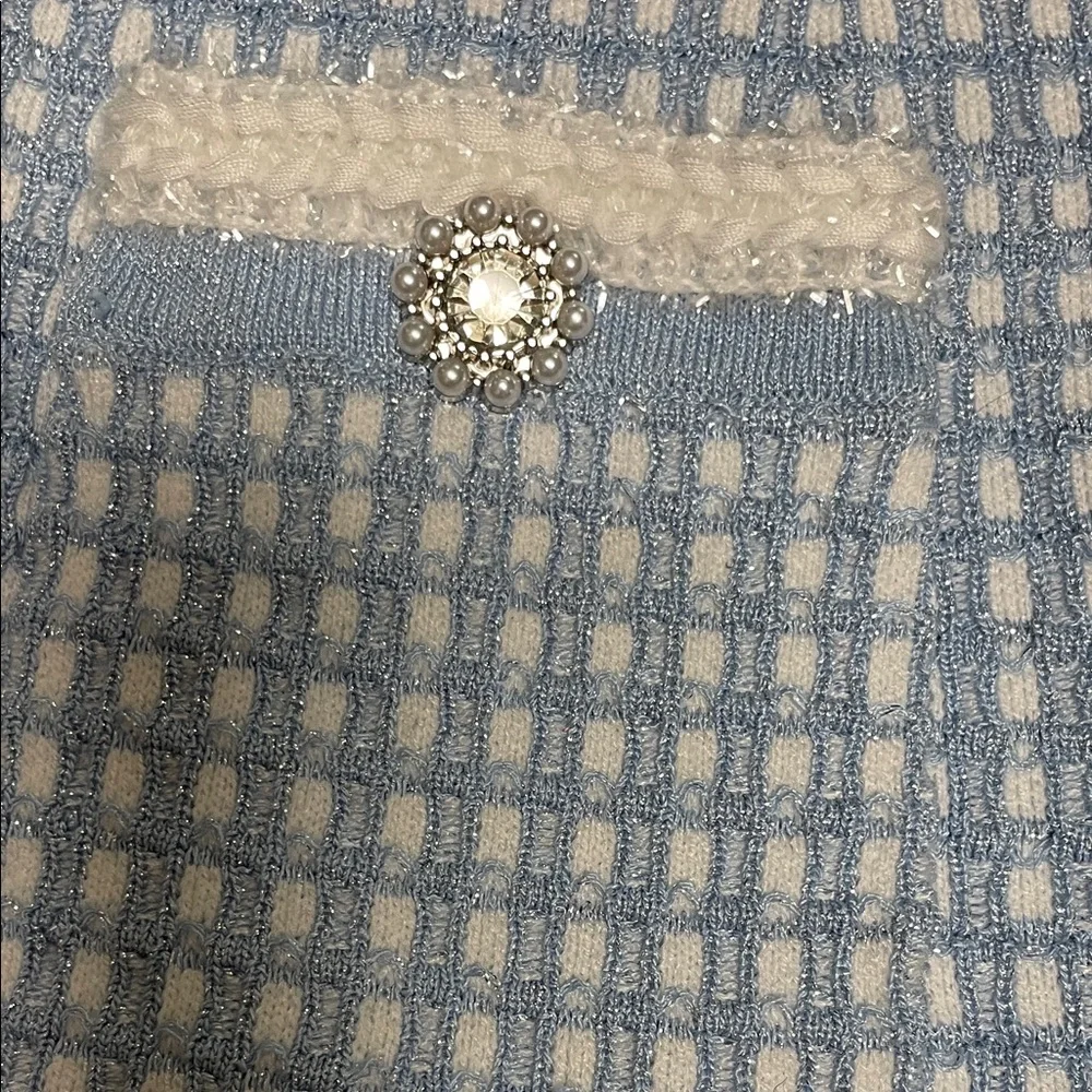 Blue and White check knit boucle ultra stretchy Dress with pearl/diamond buttons - Picture 3 of 10